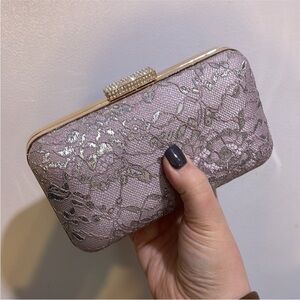 Pink Lace Evening Clutch with Gold Accents